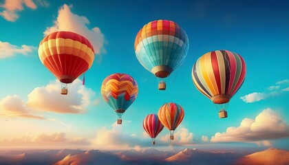 Fototapeta premium five colorful hot air balloons are floating in the sky