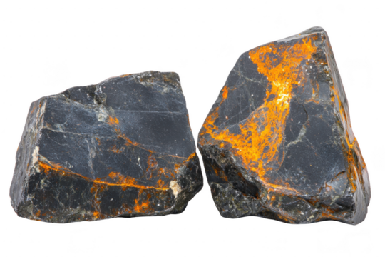 A Two large, rough black stones with striking orange and yellow mineral veins running through them, showcasing natural beauty and geological interest - Powered by Adobe