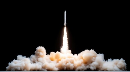 Rocket launch into the cosmos. Powerful thrust erupts in a spectacular display of smoke and flames