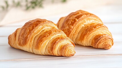 Two golden-brown croissants rest on a white wooden surface. The image is well-lit, showcasing flaky layers. The style is clean and simple, emphasizing the foods texture. Warm, inviting tones create