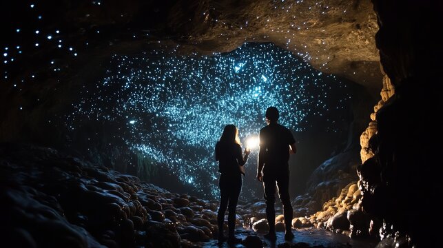 Couple exploring glowworm cave with bioluminescent lights in dark cavern environment scene at night