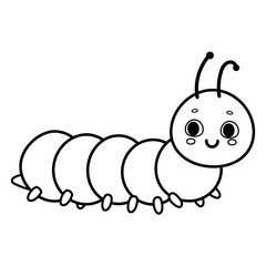 Cute cartoon caterpillar vector illustration in black and white isolated on white background