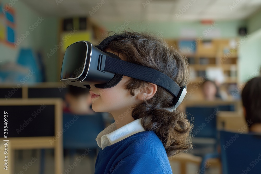 Poster student engages in immersive virtual reality learning in futuristic digital classroom