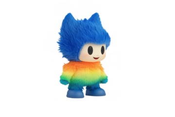 A cute, colorful character with fluffy rainbow outfit and blue hair stands cheerfully. character design is playful and vibrant, evoking sense of joy and whimsy