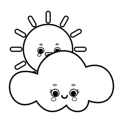 Cute cartoon sun and cloud vector illustration in black and white isolated on white background	