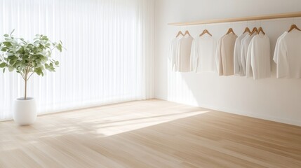 Bright, minimalist wardrobe.  Natural light streams into a spacious, empty room with a simple wooden floor and a wall-mounted clothes rack displaying neutral-toned apparel.