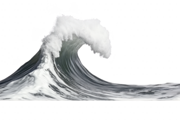 A powerful ocean wave curls dramatically, showcasing dynamic movement and energy of sea. frothy white crest contrasts with deep blue water, capturing essence of nature force