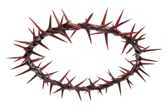 A crown of thorns with sharp, red tipped spikes arranged in circular pattern, symbolizing suffering and sacrifice. thorns are intricately detailed, creating dramatic and intense visual