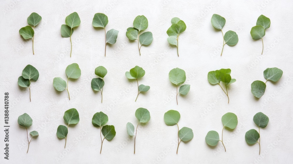 Poster eucalyptus leaves arranged in a structured flat-lay on a soft white surface showcasing fresh botanic