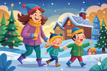 Fototapeta premium vector of The joy of mother and children on a winter walk