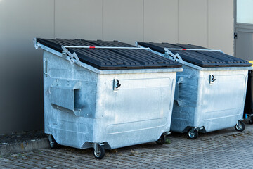 Two large metal garbage bins outside building, industrial waste containers with closed lids, waste management concept, urban sanitation, recycling facility and environmental cleanup