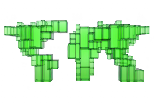 A This features digital illustration of letters FR composed of interconnected green rectangular blocks, creating modern and abstract design. blocks have transparent, glass like appearance