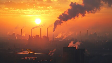 Industrial Landscape with Chimneys Emitting Smoke at Sunset for Environmental Awareness