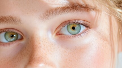 Obraz premium Close-up of a child's expressive eyes and freckled skin. Natural beauty, youthful, healthy complexion