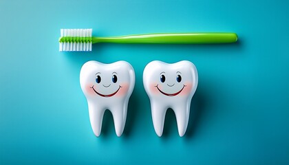 deux dents souriantes avec une brosse a dents verte sur un fond bleu mots cles