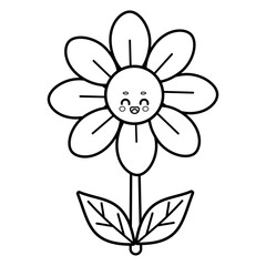 Cute cartoon smiling flower vector illustration  in black and white isolated on white background	