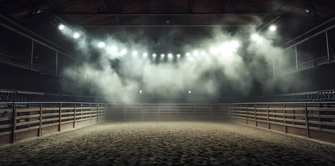 Arena Under The Lights: An empty rodeo arena bathed in dramatic lighting, the dust motes dance in the beams, creating an atmosphere of anticipation and energy.