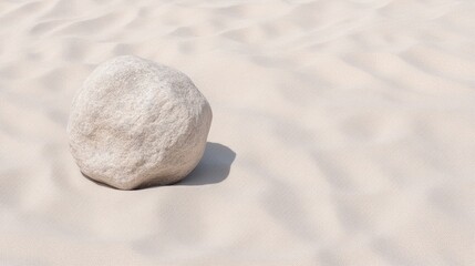 Obraz premium Minimalist composition of a single textured beige stone resting on soft white sand dunes.