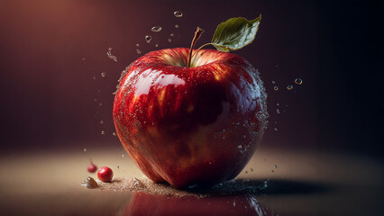 Fresh Red Apple with Water Splash and Leaf Detail