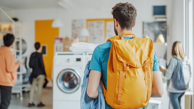 Traveler in hostel laundry room managing clothing essentials