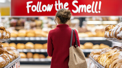Shopper entranced by bakery aromas in supermarket aisle display of freshly baked bread