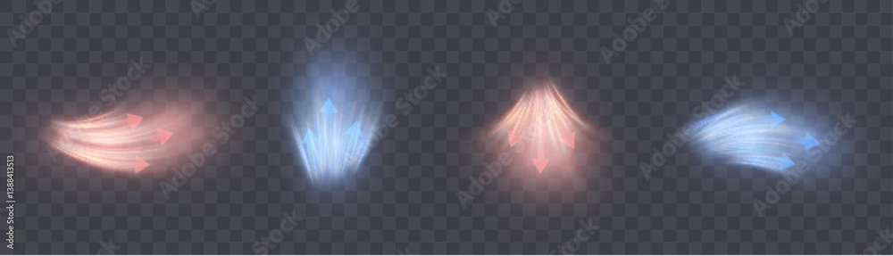 Poster A set of glowing directional energy effects with arrows in blue and red tones on a transparent background. Useful for game HUDs, sci-fi UI elements, skill indicators, action animations, combat overlay