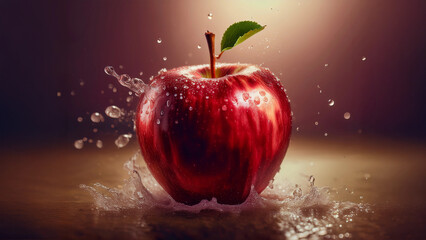 Fresh Red Apple with Water Splash and Leaf Detail