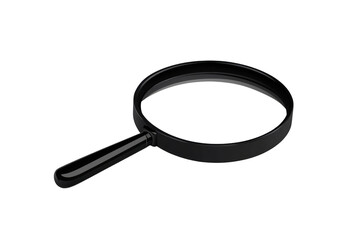 A black magnifying glass with simple design is depicted, showcasing its circular lens and handle, often used for close examination or investigation