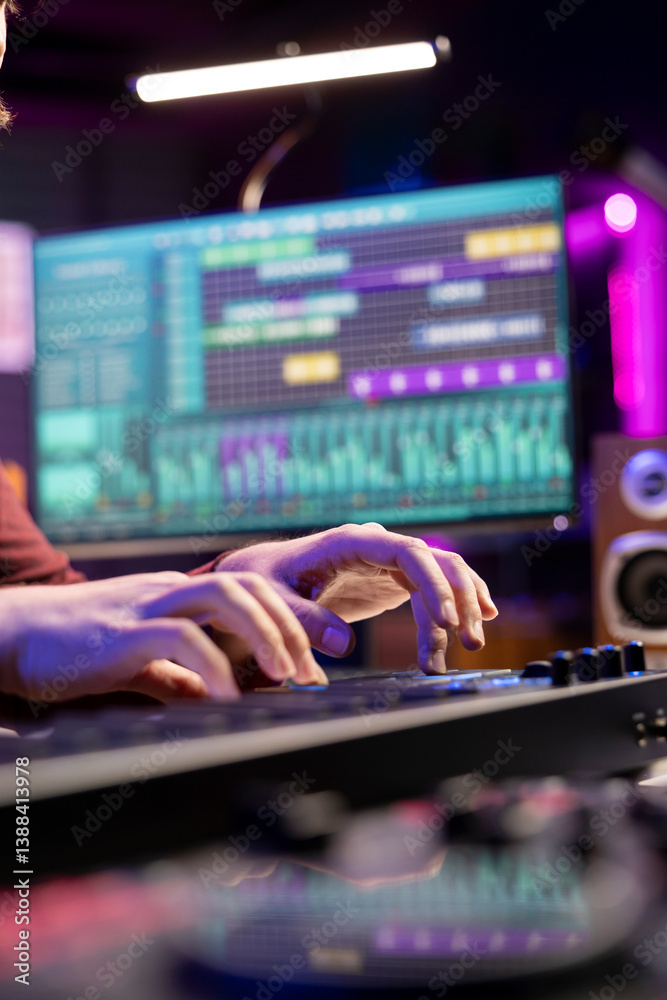 Aufkleber Sound engineer working with soundboard and midi controller to create the perfect tunes for his songs, recording and editing audio. Music composer adjusts volume levels during mixing sessions.