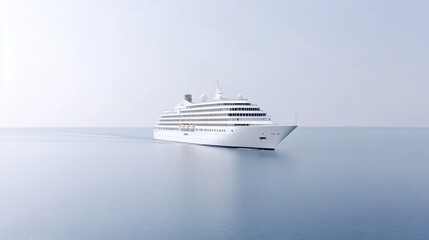 Obraz premium A large, white cruise ship sails on a calm ocean. The ship is the central focus, appearing sleek and modern. The image features a minimalist composition with a clear sky and sea. Its a high-quality p