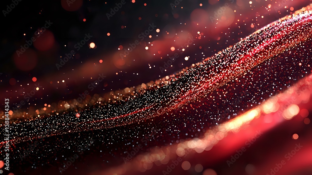 Poster glowing red and gold particles flow in curved waves against dark background, creating magical atmosp