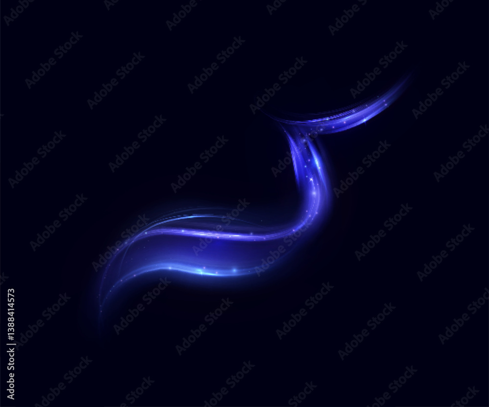 Poster abstract curved light line in neon blue style with shimmering particles on dark background. for futu
