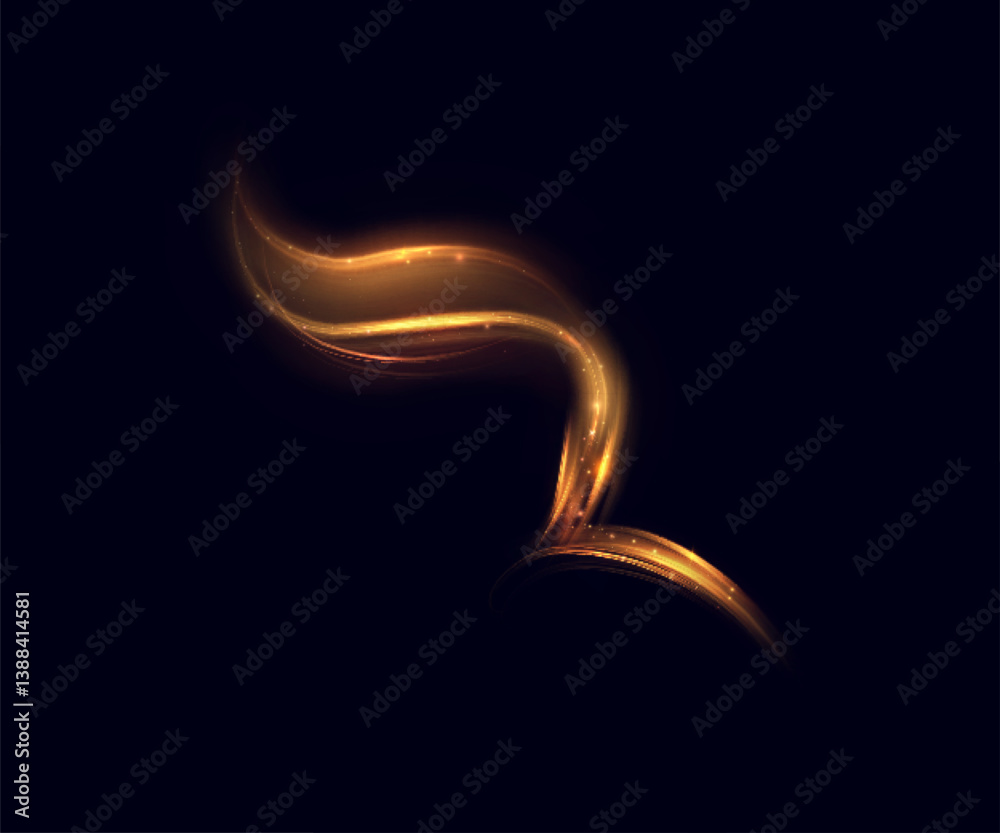Aufkleber Abstract curved light line in glowing amber style with shimmering particles on dark background. For futuristic interfaces, energy technology visual effects, digital interfaces.