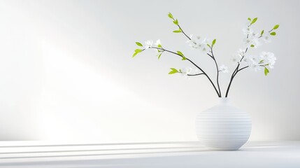 A white vase holds delicate white blossoms and green leaves. The simple composition is set against a bright white background. The image is clean and features soft lighting. The style is minimalist a
