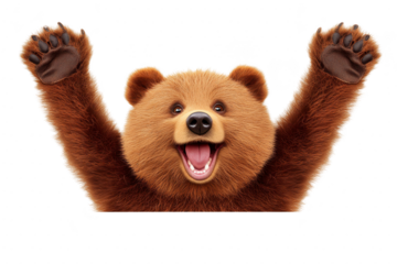 A joyful cartoon bear with raised paws and wide smile, expressing excitement and happiness. bear fluffy brown fur and playful demeanor create cheerful and friendly atmosphere