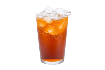 A refreshing glass of iced tea filled with ice cubes, showcasing bubbly and chilled appearance, perfect for hot day. amber color and effervescence add to its appeal