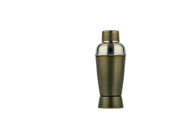 A sleek, metallic cocktail shaker with shiny finish, perfect for mixing drinks at home or in bar setting. Its elegant design adds touch of sophistication to any beverage preparation