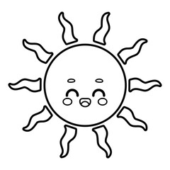 Cute cartoon smiling sun character vector illustration in black and white isolated on white background 