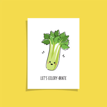 Premade greeting card with cute kawaii-style celery character and playful pun text &ldquo;Let&rsquo;s Celery-brate.&rdquo; Punny card, fun design perfect for celebrations, birthdays, or congratulatory occasions.