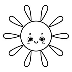 Cute cartoon smiling sun character vector illustration in black and white isolated on white background 