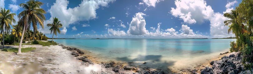 Tropical Paradise Panorama: A breathtaking panoramic view of a tropical beach, featuring crystal-clear turquoise water, lush palm trees, and a brilliant blue sky dotted with fluffy white clouds.