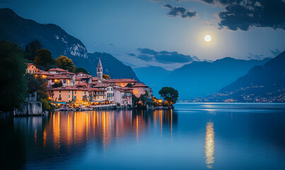 Naklejka premium Moonlit Village by the Lake: The full moon casts a serene glow over a quaint village nestled by the tranquil lake and majestic mountain range, reflecting in the calm waters. Capture the peaceful.