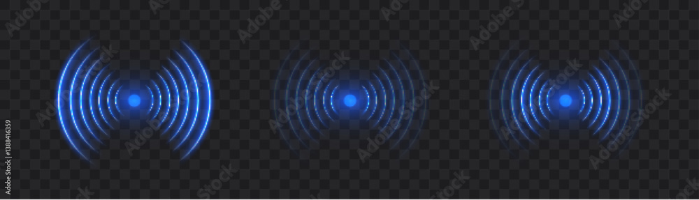 Aufkleber blue glowing wave pulse set on transparent dark background. perfect for sound radar, signal ui, futu