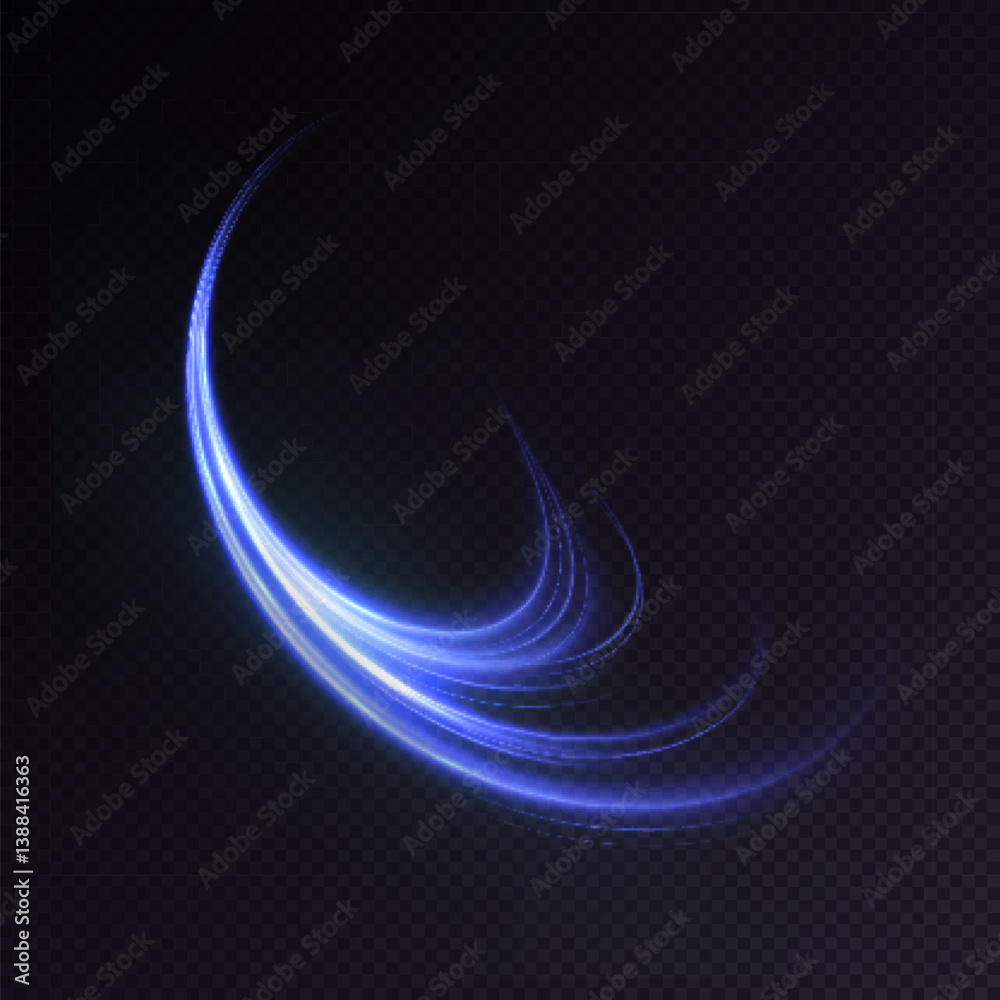 Aufkleber curved blue glowing trail with soft motion blur and transparency on dark background. vector for digi