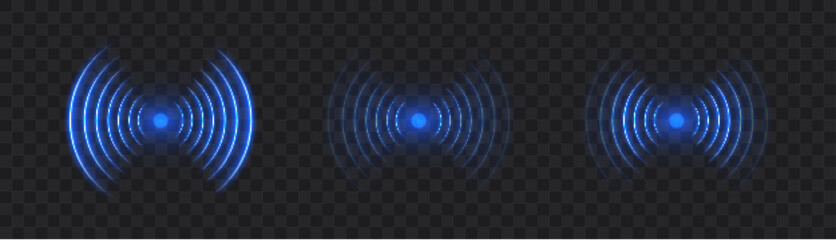 Blue glowing wave pulse set on transparent dark background. Perfect for sound radar, signal UI, futuristic HUD or broadcasting interface design. © MAKSYM