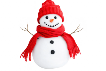 A cheerful snowman wearing red knitted hat and scarf, with carrot nose and coal eyes, stands against transparency background. Its twig arms add playful touch to winter scene