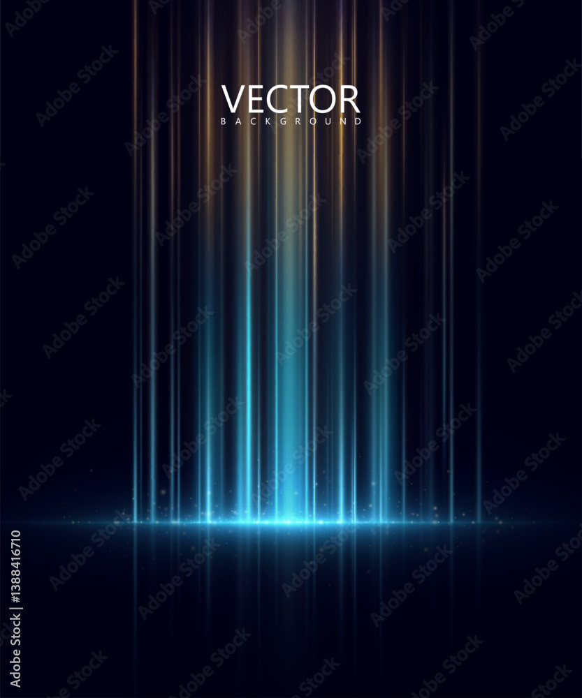 Poster Abstract glowing background with vertical neon rays in blue and gold tones on a dark background. for sci-fi scenes, digital design, futuristic interfaces.