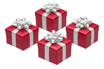 Obraz premium A Four red gift boxes with shiny silver ribbons and bows are arranged in festive display, perfect for celebrations and special occasions. vibrant red and metallic accents create joyful atmosphere