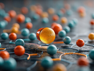 Image shows a central large orange sphere surrounded by smaller blue and orange spheres on a hexagonal grid, symbolizing data processing in complex systems like AI, software engineering - AI-Generated