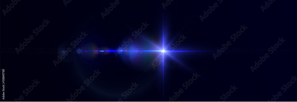 Poster blue glowing lens flare burst with radial rays and subtle glow on dark space background. suitable fo